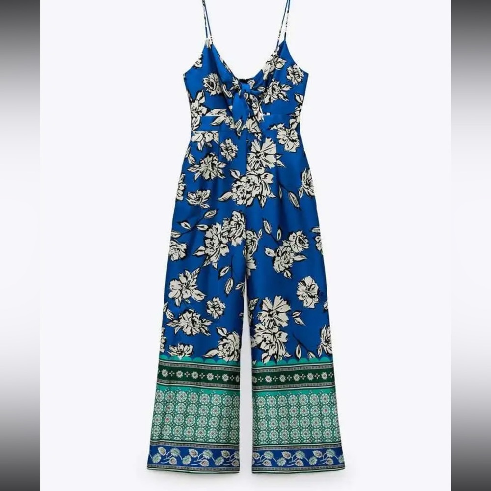 Zara Blue Floral Tie Bust Jumpsuit